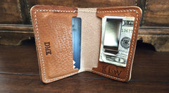Monogrammed buck brown harness leather front pocket wallet with money clip
