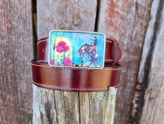 Bucking Bronc full grain leather belt, crimson strap with bronc floral buckle