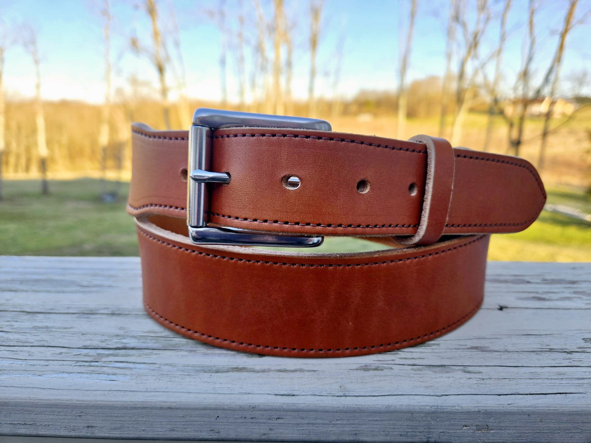 The Duke tan bridle leather belt with heavy-duty stainless roller buckle