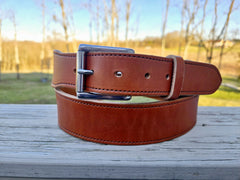 The Duke tan bridle leather belt with heavy-duty stainless roller buckle