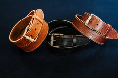 The Saturday harness leather belts with engraved roller buckles, three colors