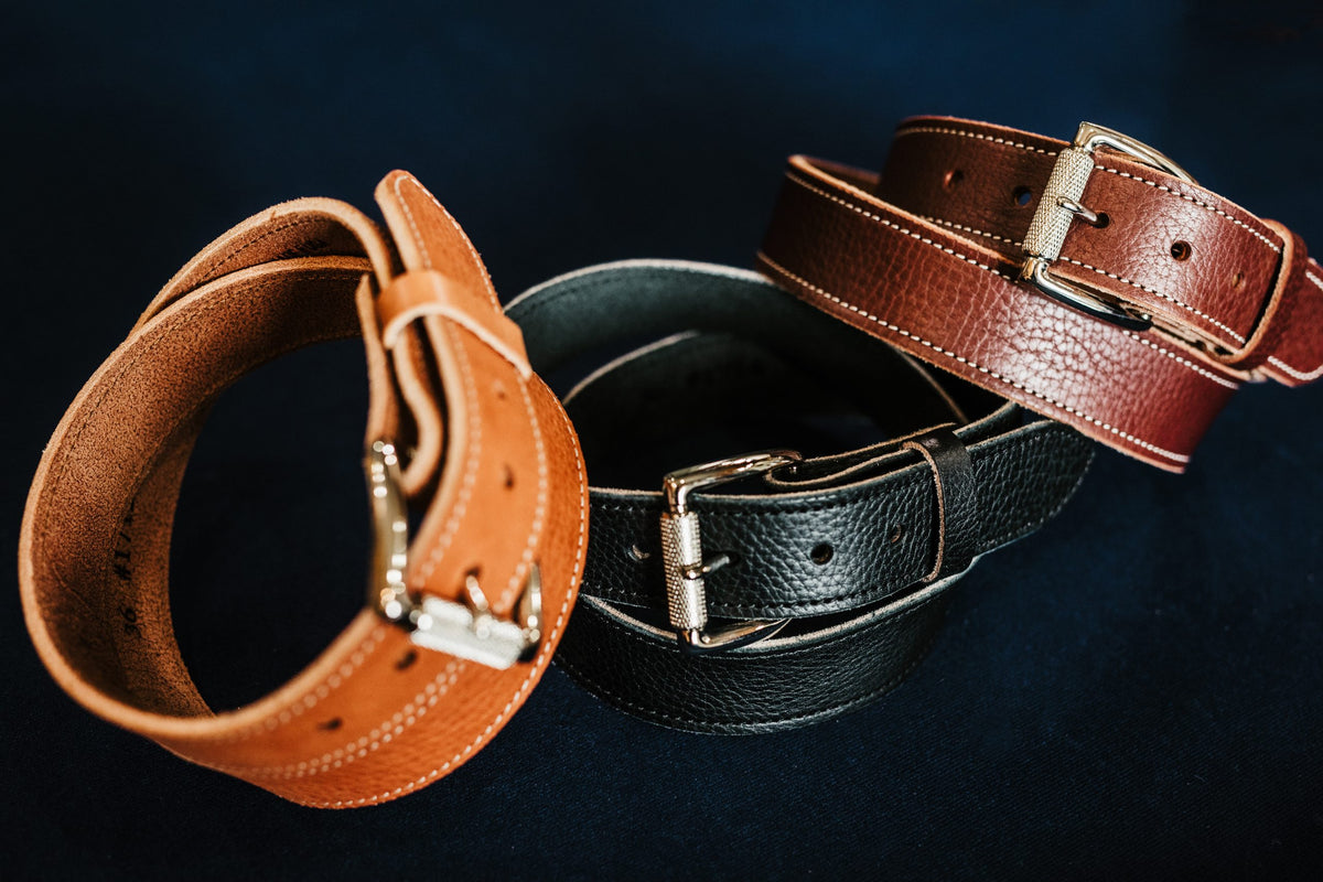 The Sunday harness leather belt shown with Friday and Saturday colorways