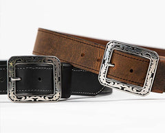 Justin distressed water buffalo belts with stainless steel floral buckles