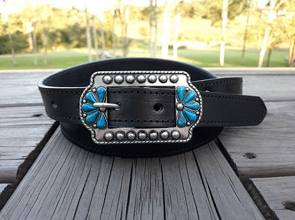Sara ladies bridle leather belt with turquoise-accented center bar buckle