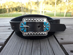 Sara ladies bridle leather belt with turquoise-accented center bar buckle