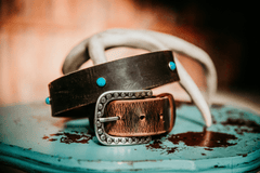 Ella belts in distressed brown water buffalo with turquoise accents