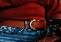 The Shoe horseshoe buckle worn with jeans, golden brown water buffalo leather