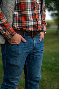 Man wearing Taylor chocolate water buffalo belt with jeans