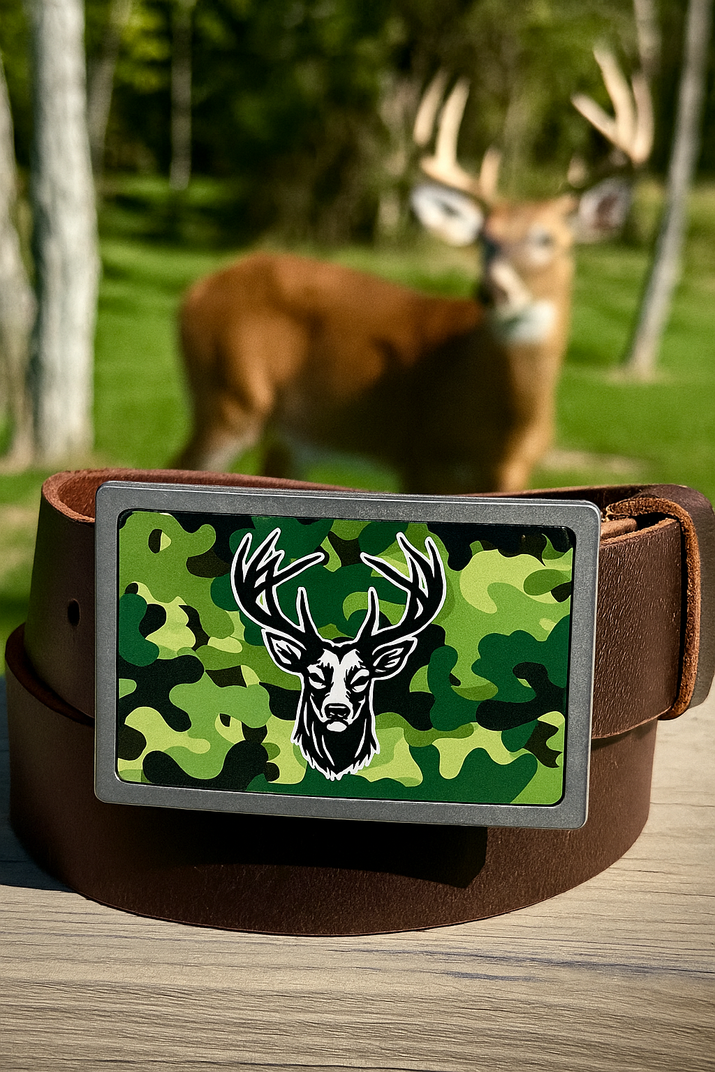 Open Season full grain leather belt with camouflage deer motif buckle