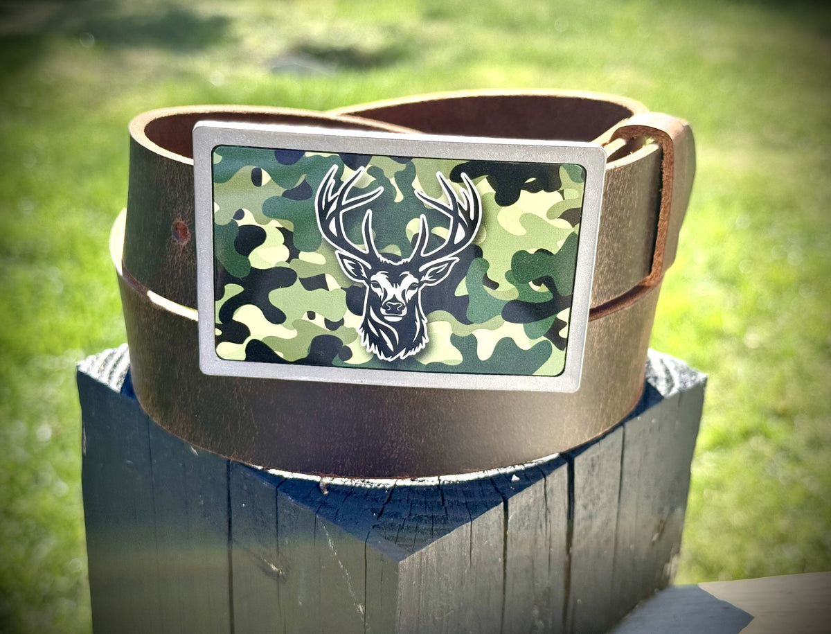 Open Season camo buck buckle detail on water buffalo belt