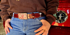 Woman wearing Red Damask crimson buffalo leather belt with jeans