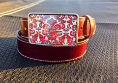 Red Damask buckle detail on crimson water buffalo leather belt