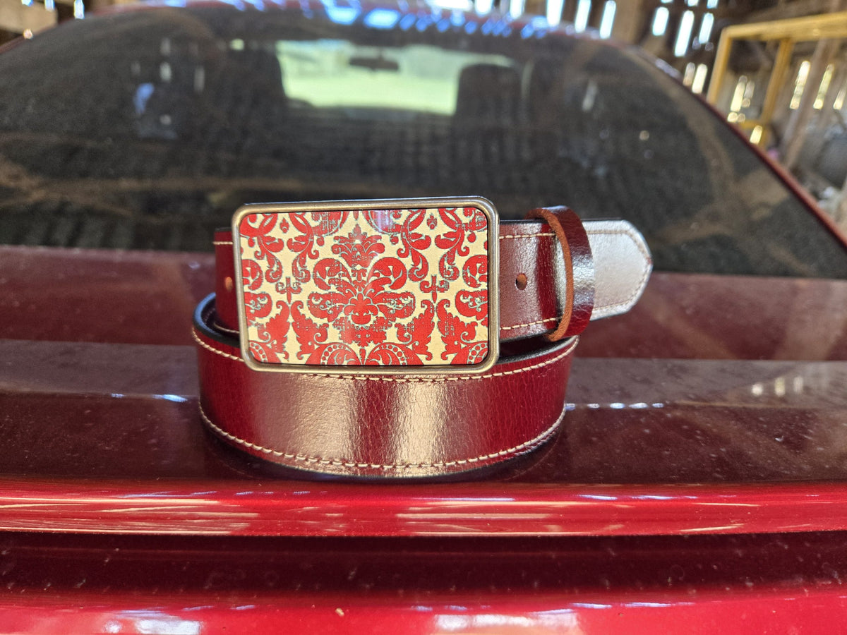 Red Damask water buffalo leather belt with red damask buckle