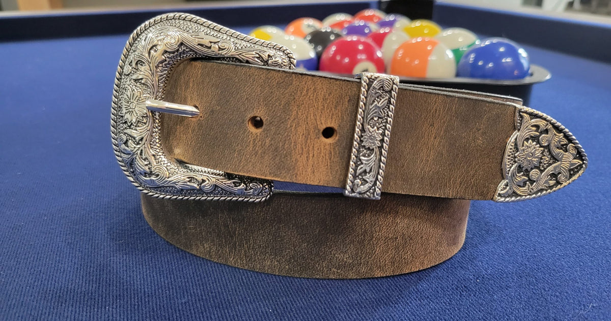 The Roper full grain leather belt with antique silver engraved buckle set