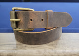 Hank full grain leather belt in brown water buffalo, antique brass roller buckle