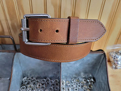 Cooper golden brown water buffalo leather belt with antique silver roller buckle
