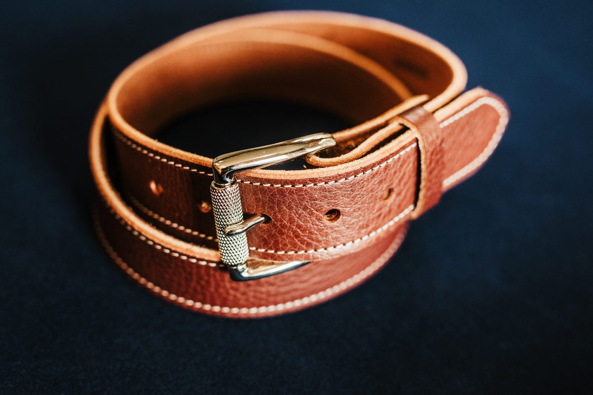 The Friday bridle leather belt, engraved roller buckle and billet tip