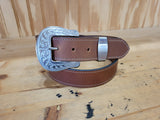 Grant gold water buffalo leather belt with engraved silver buckle and brushed loop