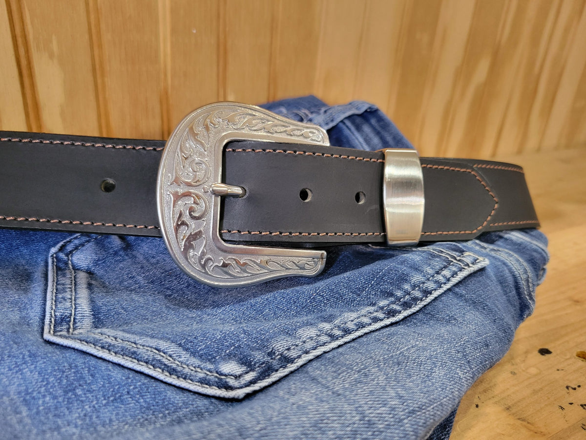 Easton black water buffalo leather belt with silver western buckle and brushed loop