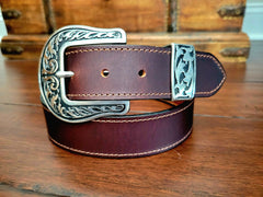 Rancher chocolate oiled water buffalo belt with engraved silver buckle and tip