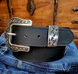 Cattleman black water buffalo belt with engraved silver buckle and tip