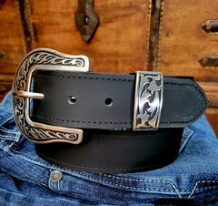 Cattleman black water buffalo belt with engraved silver buckle and tip