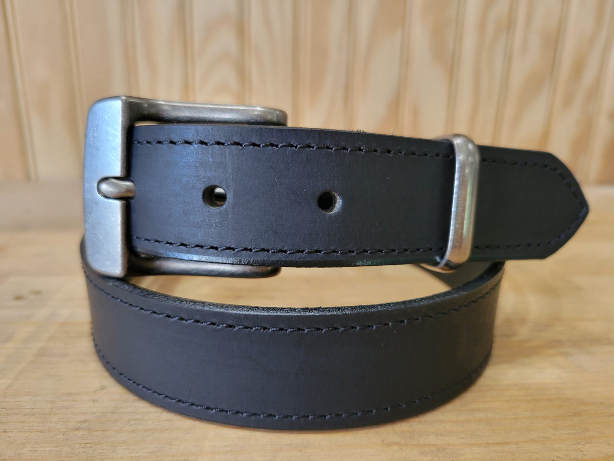 Brody full grain leather belt in black water buffalo with antique silver buckle