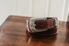 Jackson bridle leather belt, engraved silver buckle and brushed nickel keeper