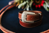 Jackson bridle leather belt in brown with ornate silver ranger buckle