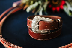 Jackson bridle leather belt in brown with ornate silver ranger buckle