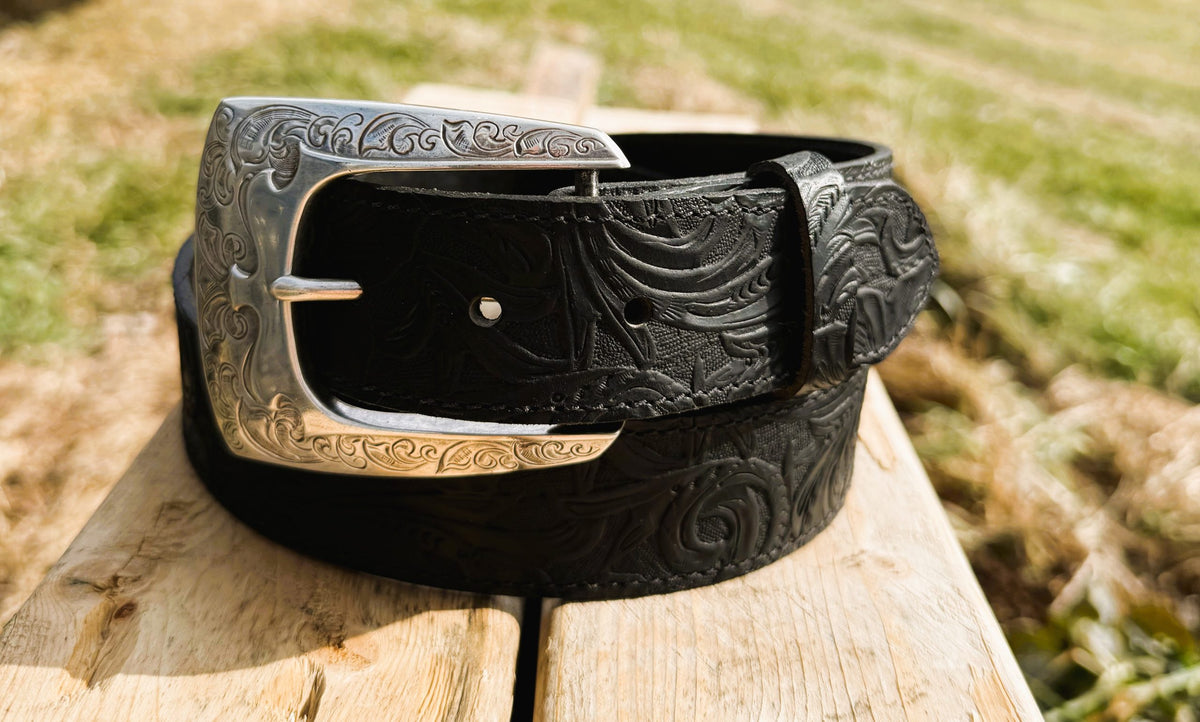 Wilson black embossed water buffalo leather belt with silver-tone western buckle