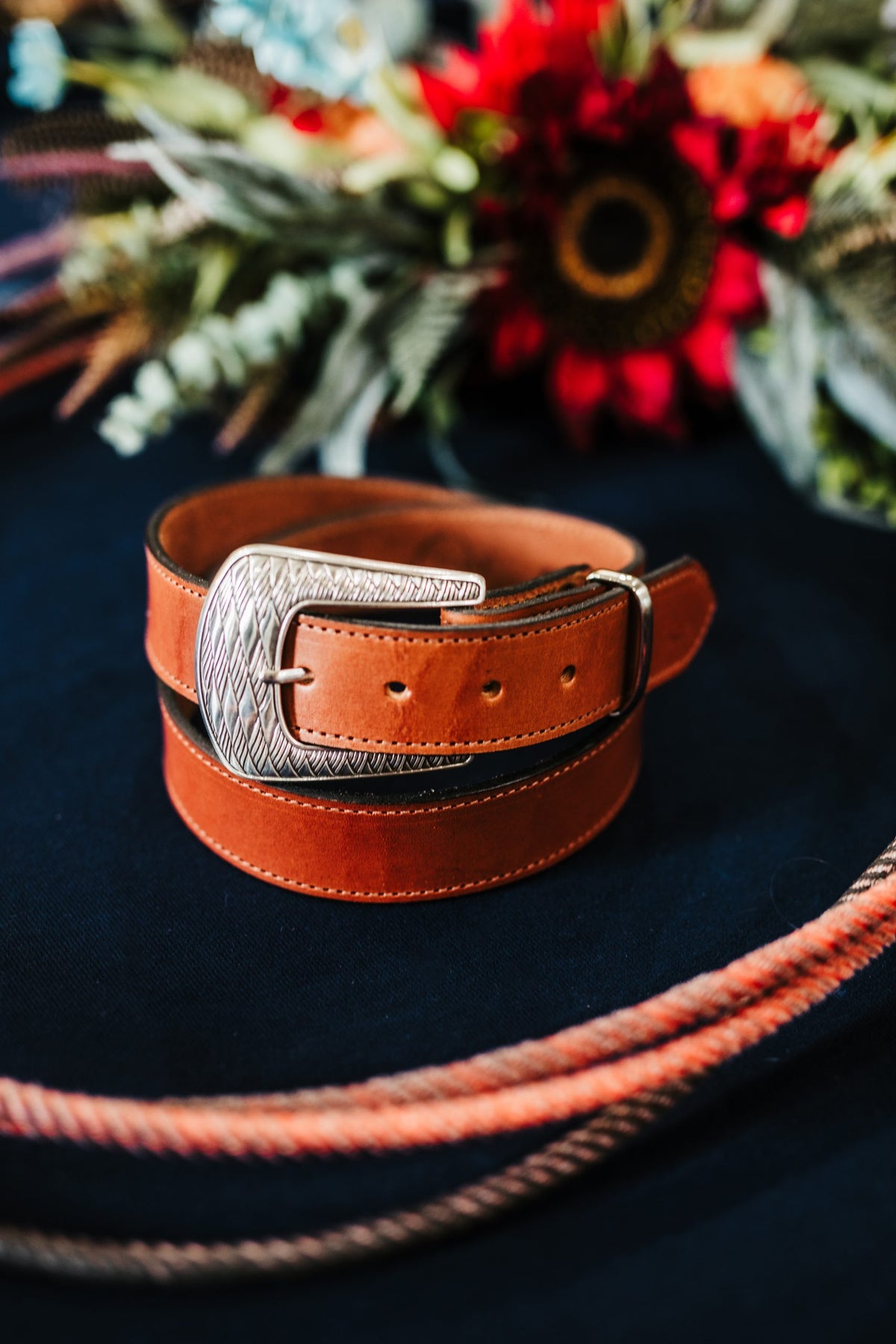 Harlen bridle leather belt, tan strap with chocolate stitching and silver buckle