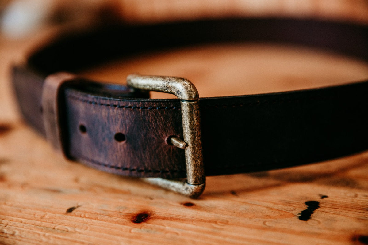 Waylon full grain leather belt with antique brass roller buckle