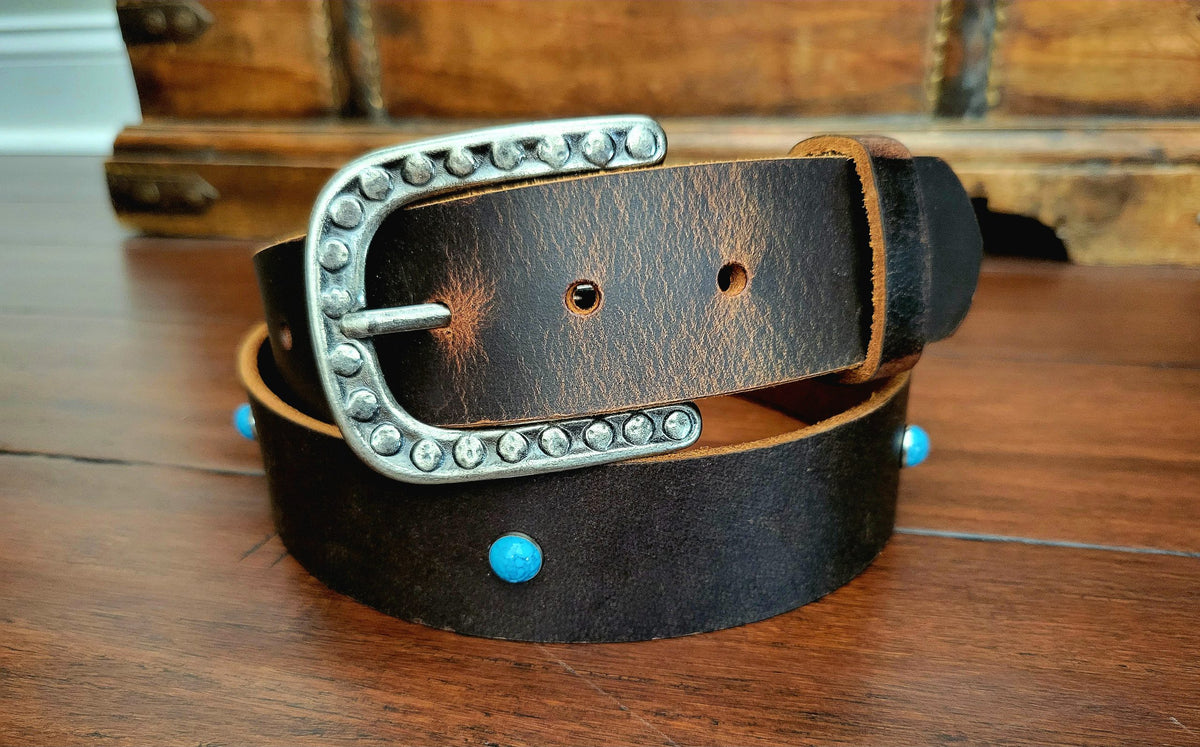 Ella distressed brown water buffalo belt with antique silver studded buckle