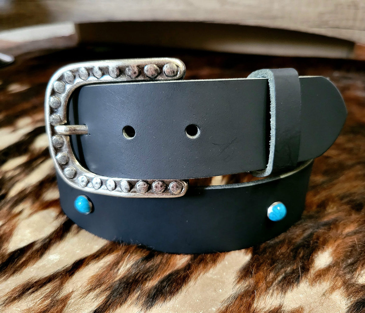 Evelyn water buffalo belt with turquoise spots and silver dot buckle