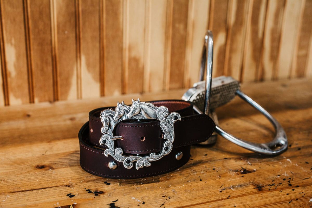 Leah full grain leather belt in burgundy, ornate crystal horse head buckle
