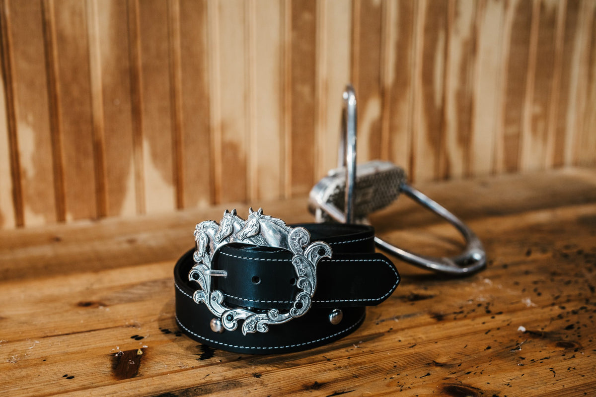 Brooke water buffalo belt, ornate silver horse head buckle, side view