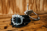 Brooke black water buffalo belt with crystal horse head buckle