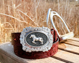 The Bridle Rose burgundy embossed water buffalo belt with silver horse buckle