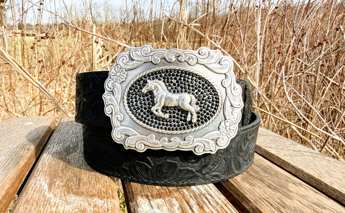 The Stable Belle black embossed water buffalo belt with silver horse buckle