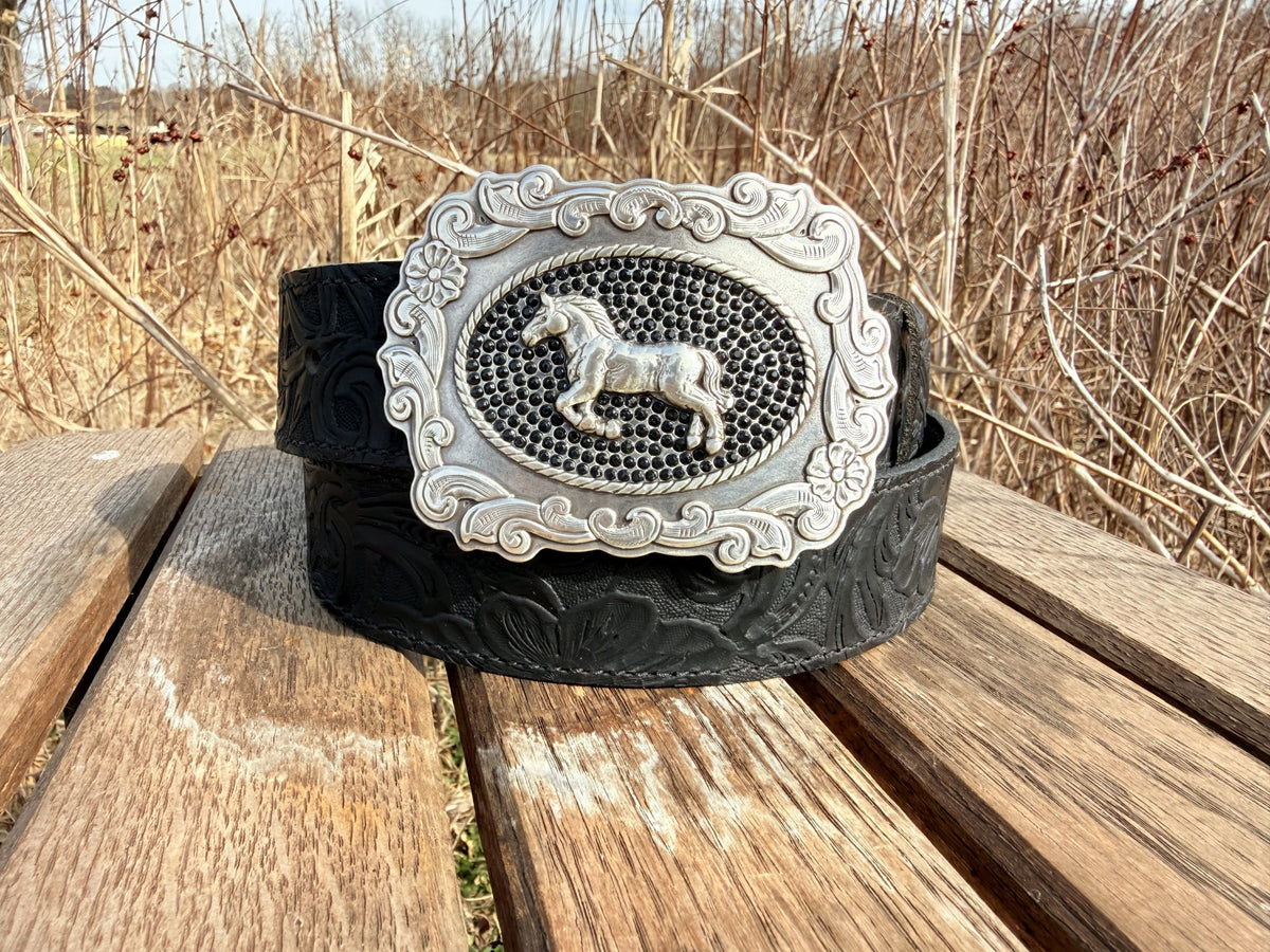 The Stable Belle floral tooled leather belt, horse and crystal buckle detail