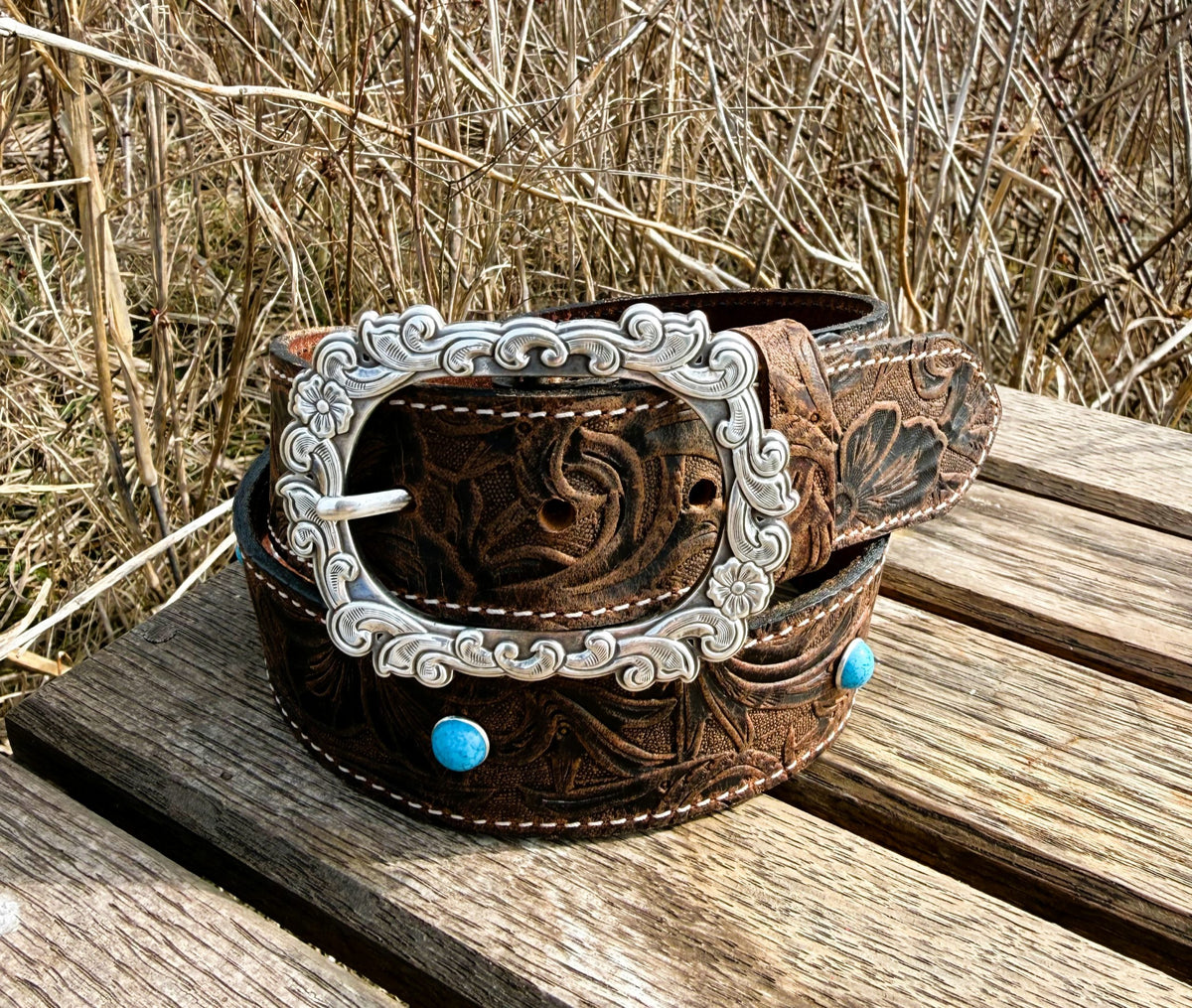 Sadie brown embossed water buffalo leather belt with silver buckle and turquoise