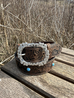 Sadie floral tooled leather belt with engraved silver buckle and turquoise accent