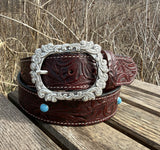 Georgia burgundy embossed water buffalo leather belt with silver floral buckle