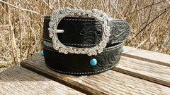 Mae black embossed water buffalo leather belt with silver buckle and turquoise