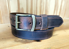 Gerald distressed brown water buffalo belt with antique brass roller buckle and keeper