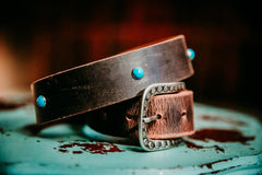 Ella full grain leather belt in distressed brown with turquoise accents