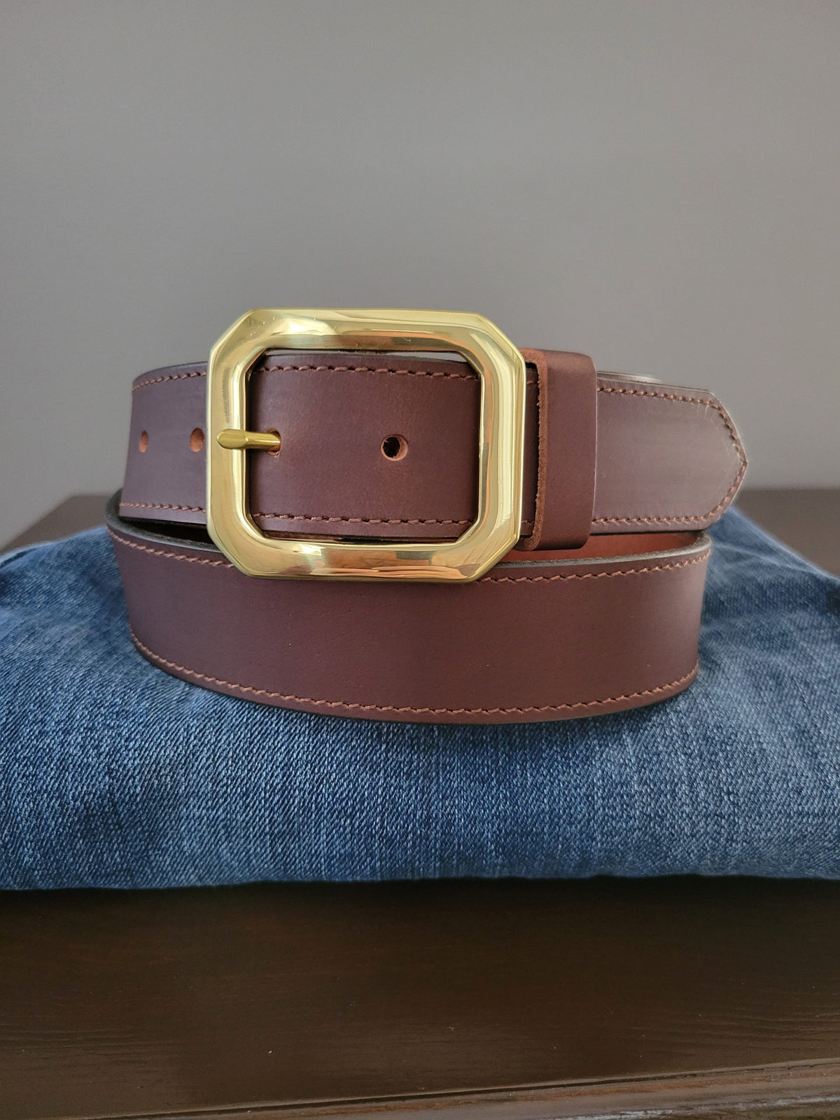 Kayce chocolate water buffalo leather belt with solid brass western buckle