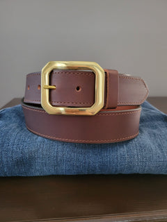Kayce chocolate water buffalo leather belt with solid brass western buckle