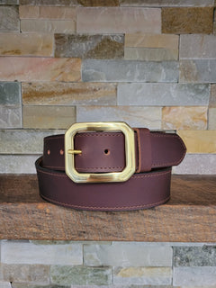 Kayce full grain leather belt in chocolate with solid brass buckle and billet